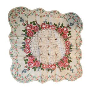 Vintage Floral Handkerchief Pink Roses Scalloped Edge Hanky Shabby Chic gift EUC